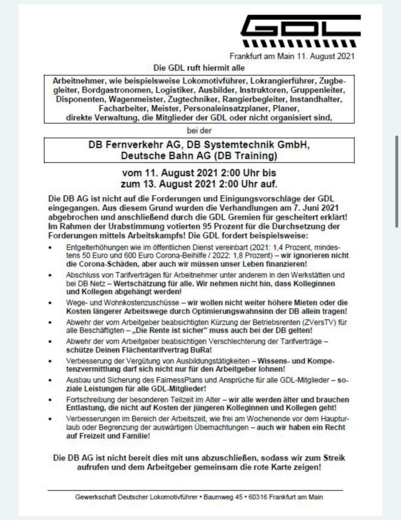 GDL-Brief an Beschäftigte von DB Fernverkehr, DB Systemtechnik, DB Training
