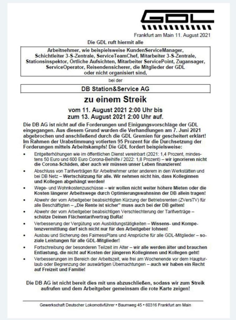 GDL-Brief an Beschäftigte von DB Station&Service